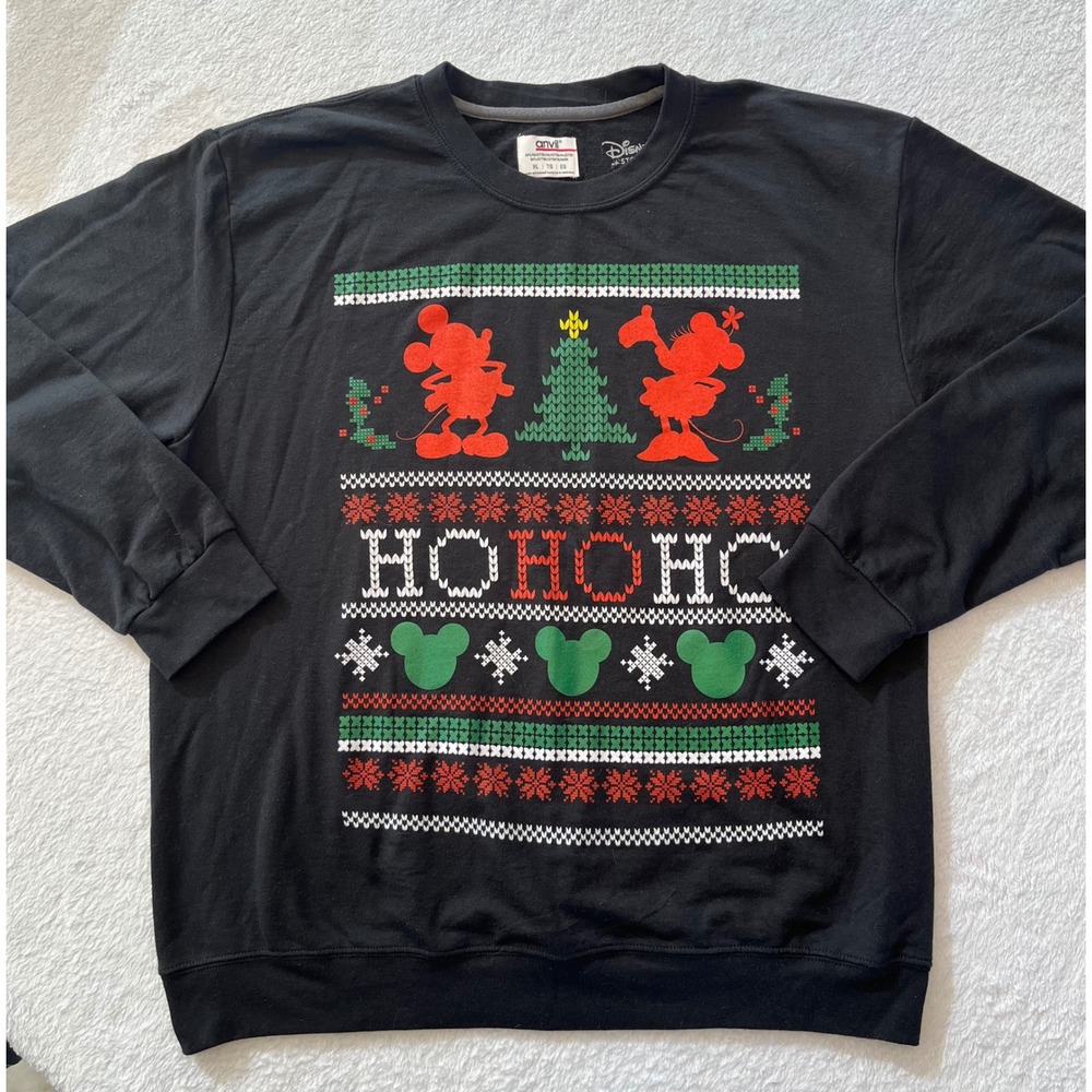 Disney Mickey Minnie Mouse Ugly Christmas Sweater‎ Black XL HO HO HO